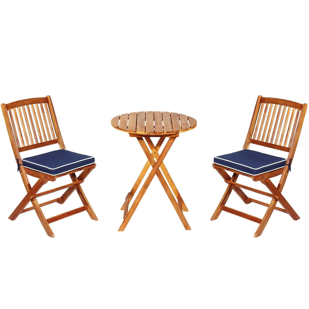 3 Pieces Patio Folding Wooden Bistro Set Cushioned Chair-Navy