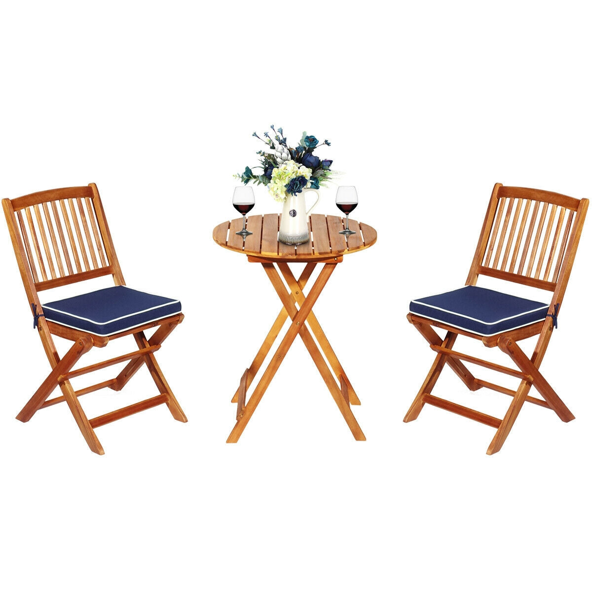 3 Pieces Patio Folding Wooden Bistro Set Cushioned Chair-Navy