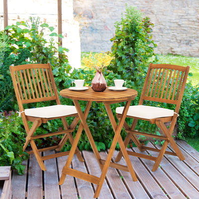 3 Pieces Patio Folding Wooden Bistro Set Cushioned Chair-WhiteÂ 