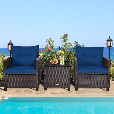 3 Pieces Cushioned Rattan Patio Conversation Set with Coffee Table-NavyÂ 