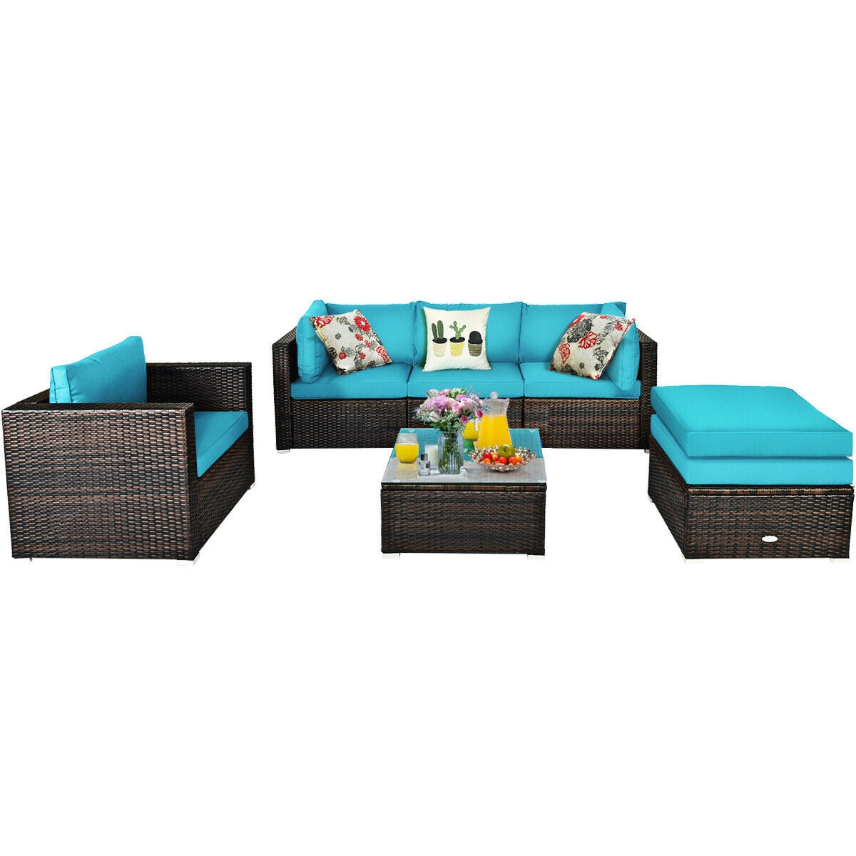 6 Pieces Patio Rattan Furniture Set with Sectional Cushion-Turquoise