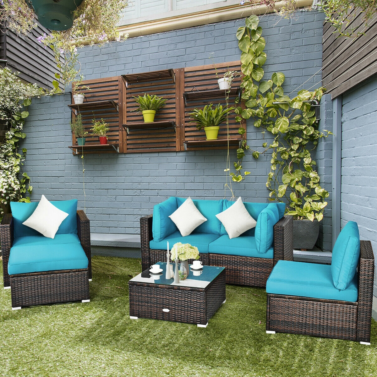 6 Pieces Patio Rattan Furniture Set with Sectional Cushion-Turquoise