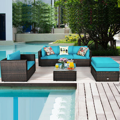 6 Pieces Patio Rattan Furniture Set with Sectional Cushion-TurquoiseÂ 