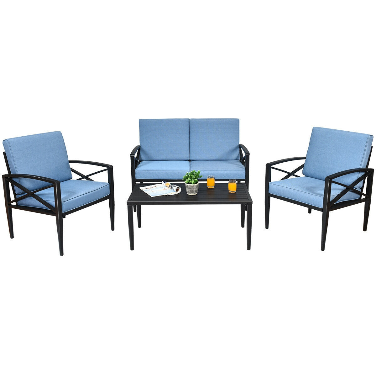 4 Pieces Patio Furniture Set Aluminum Frame Cushioned Sofa