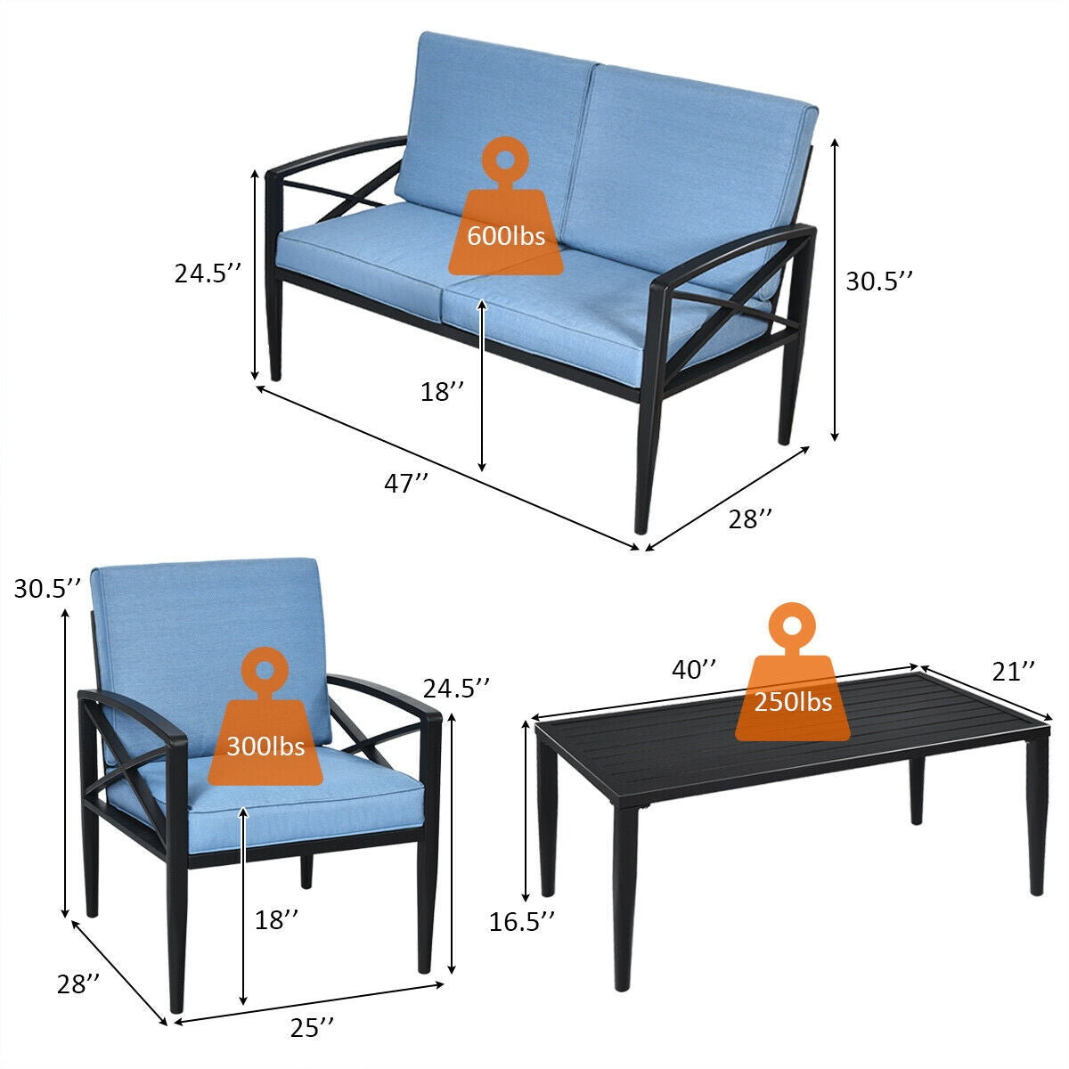 4 Pieces Patio Furniture Set Aluminum Frame Cushioned Sofa