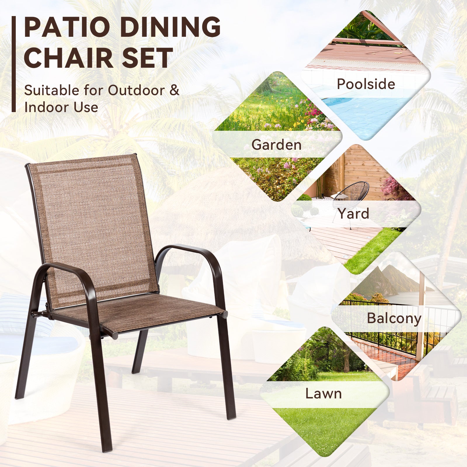 2 Pieces Patio Outdoor Dining Chair with Armrest-Brown