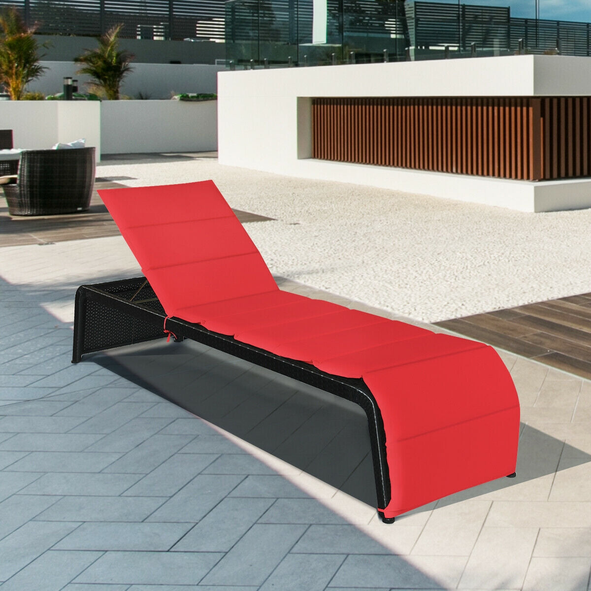 Adjustable Patio Rattan Lounge Chair with Cushions-Red