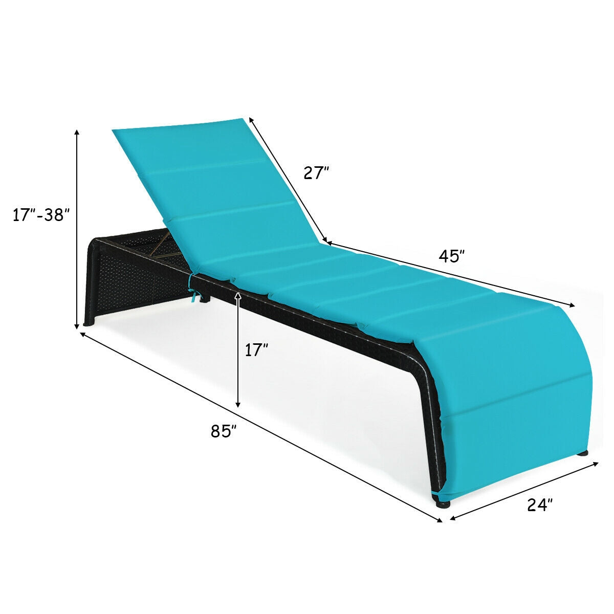 Adjustable Patio Rattan Lounge Chair with Cushions-Turquoise