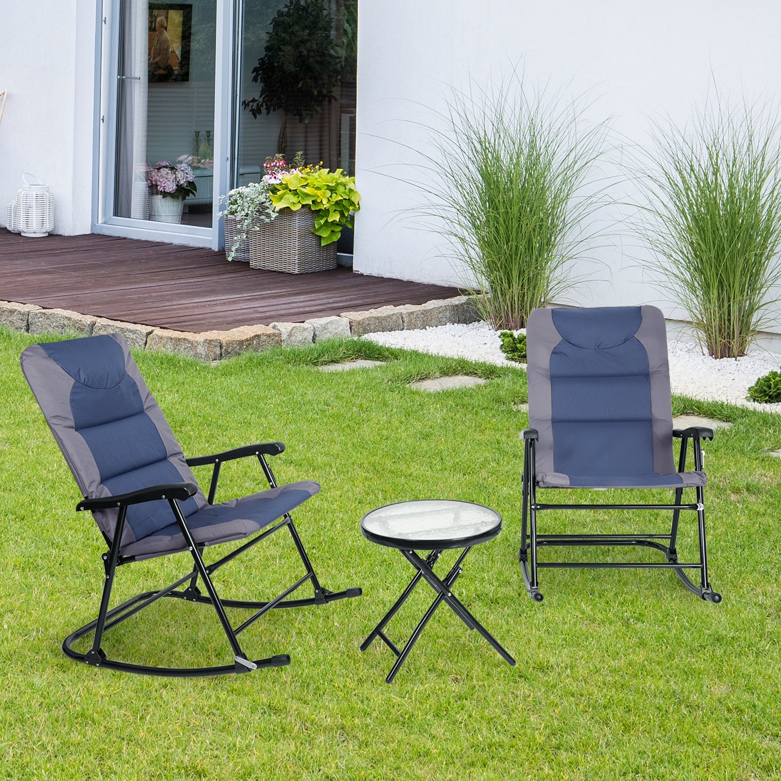 3 Pieces Outdoor Folding Rocking Chair Table Set with Cushion-Blue