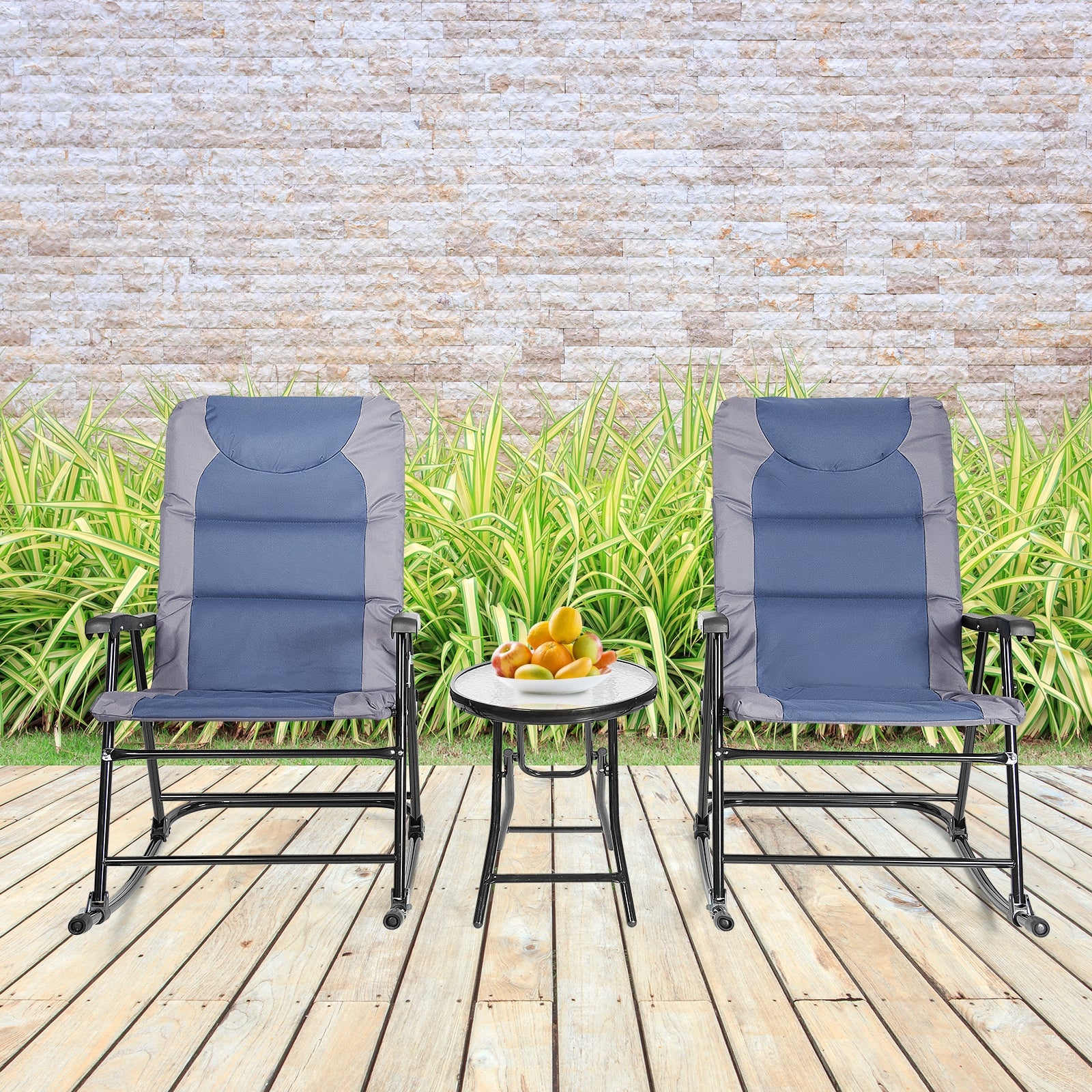 3 Pieces Outdoor Folding Rocking Chair Table Set with Cushion-Blue