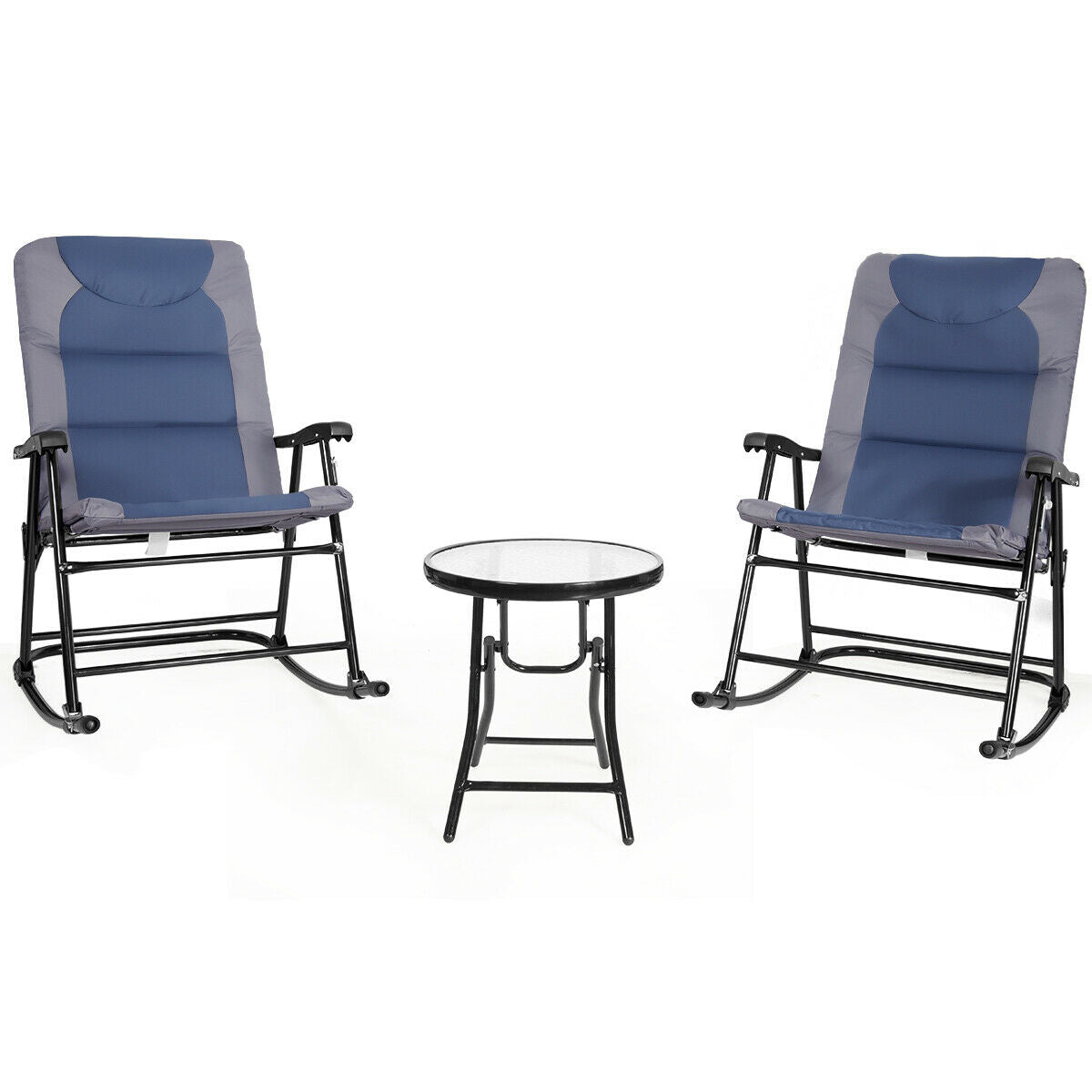 3 Pieces Outdoor Folding Rocking Chair Table Set with Cushion-Blue