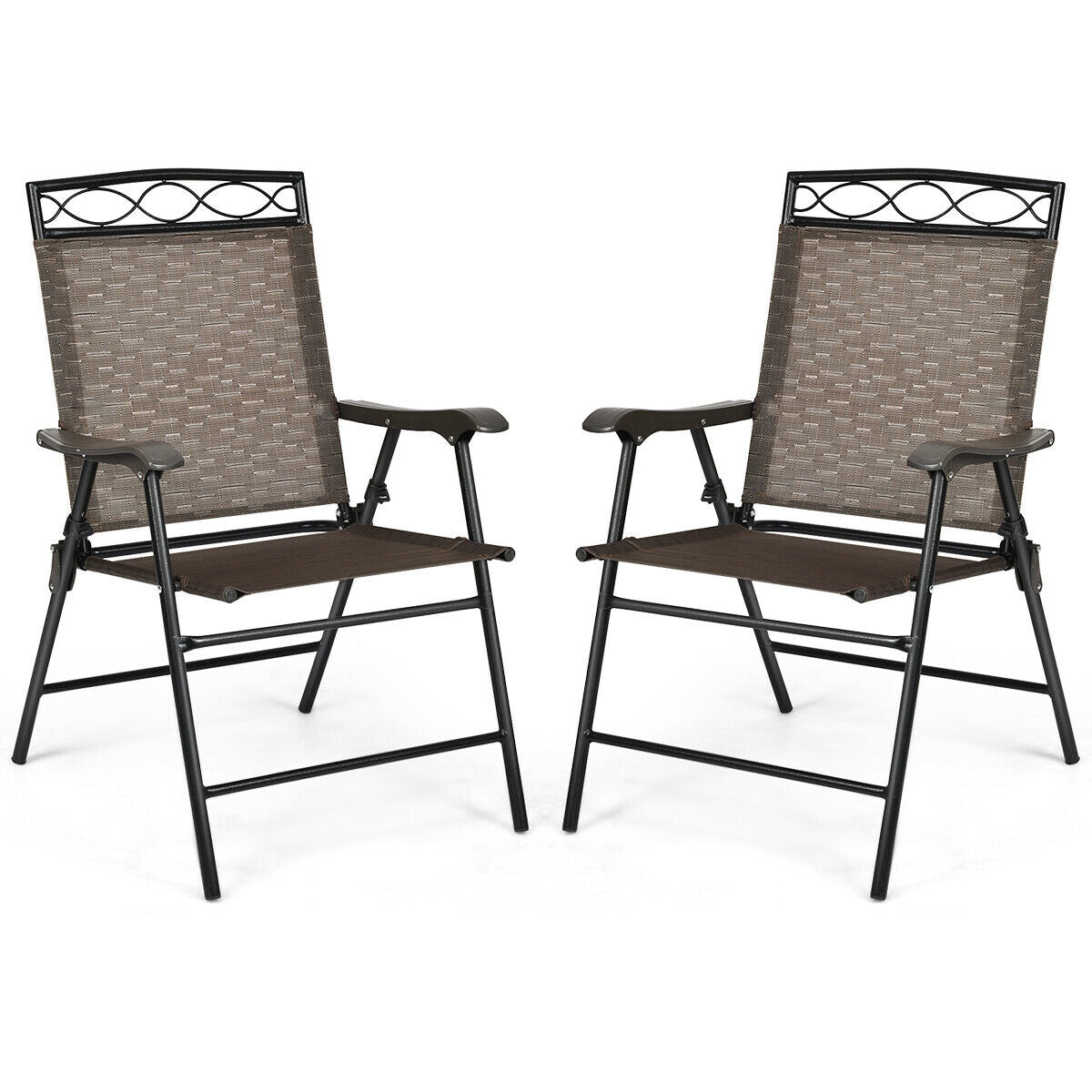 Set of 2 Patio Folding Chairs Sling Portable Dining Chair Set with Armrest