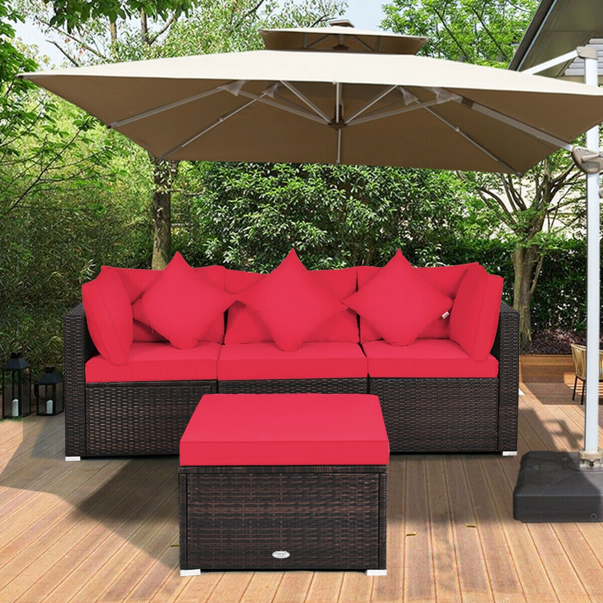 4 Pcs Ottoman Garden Deck Patio Rattan Wicker Furniture Set Cushioned Sofa-Red