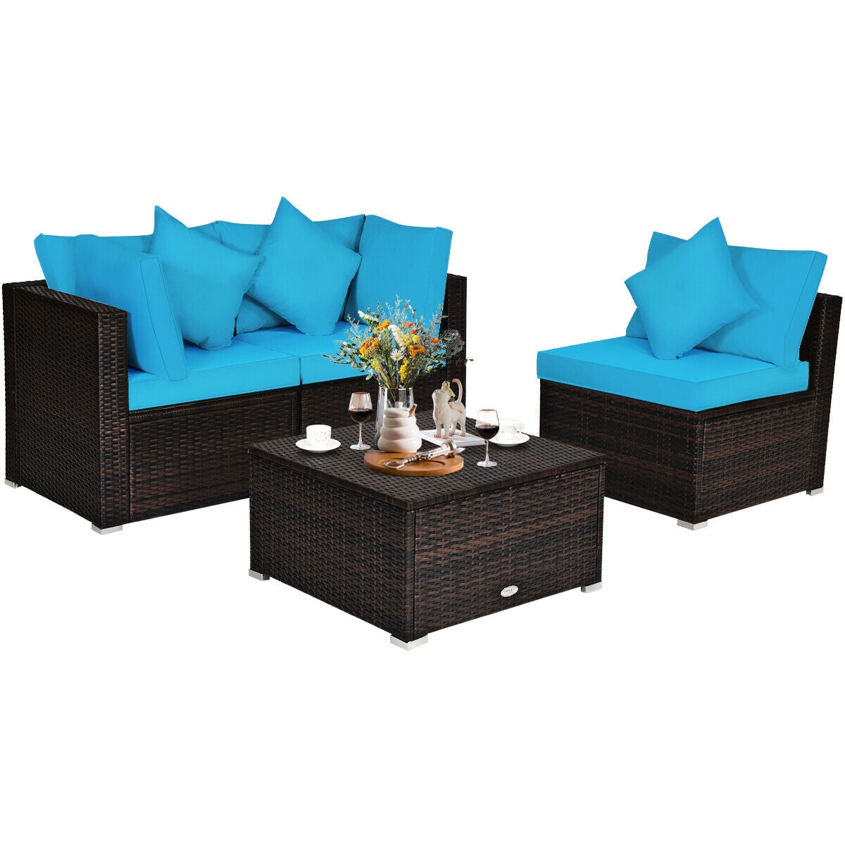 4 Pcs Ottoman Garden Deck Patio Rattan Wicker Furniture Set Cushioned Sofa-Turquoise