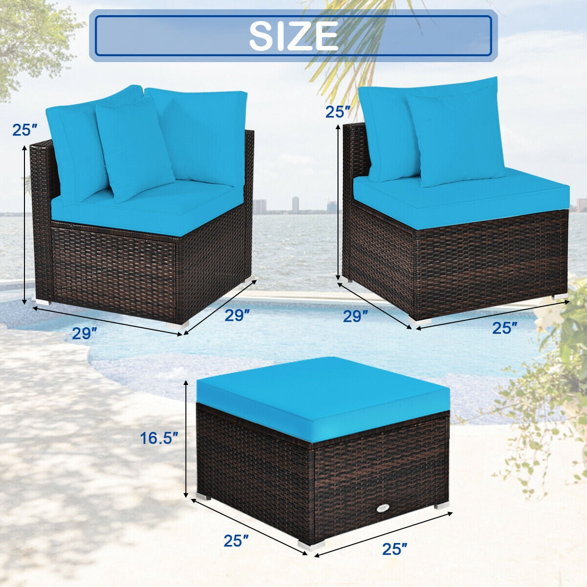 4 Pcs Ottoman Garden Deck Patio Rattan Wicker Furniture Set Cushioned Sofa-Turquoise