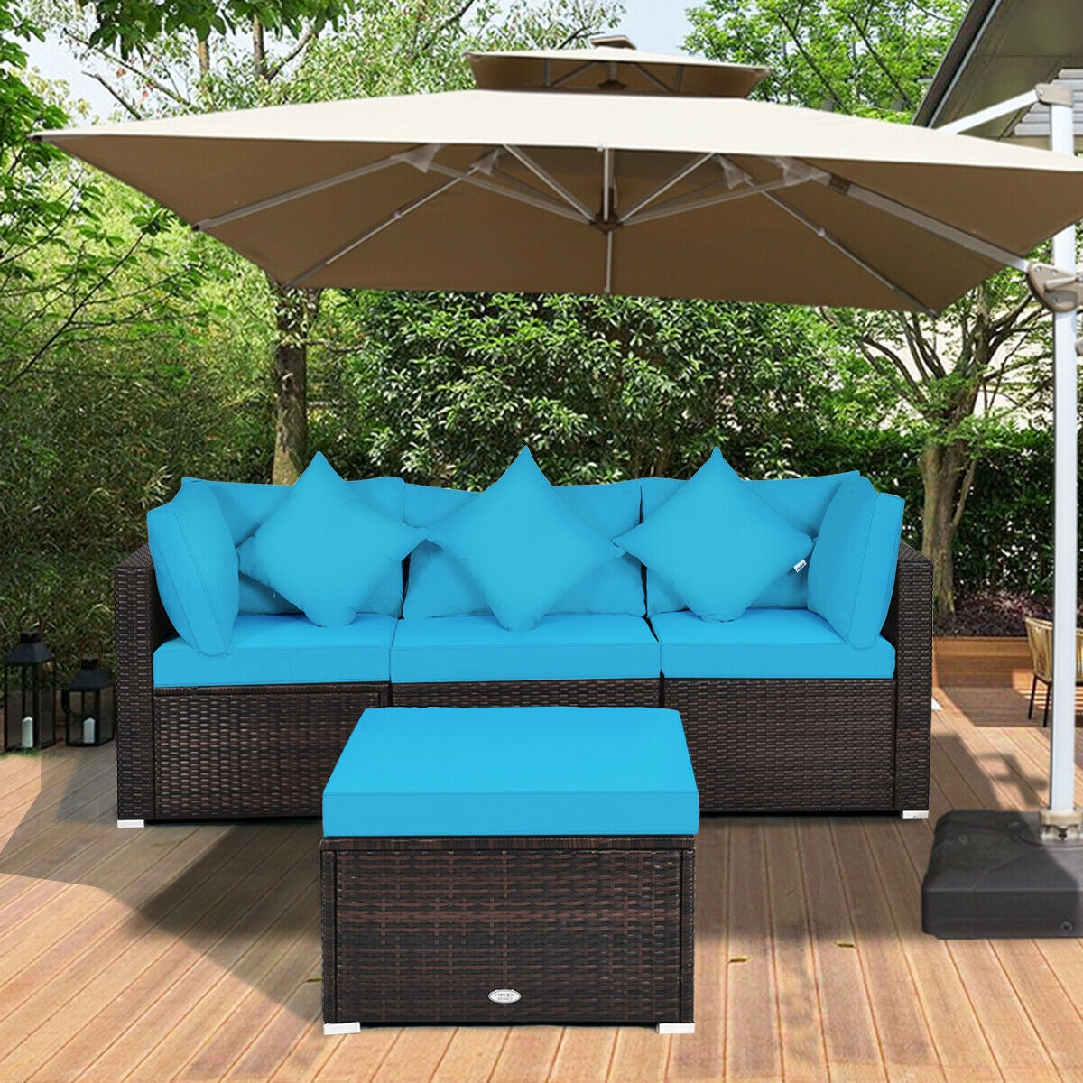 4 Pcs Ottoman Garden Deck Patio Rattan Wicker Furniture Set Cushioned Sofa-Turquoise