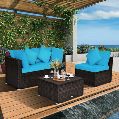 4 Pcs Ottoman Garden Deck Patio Rattan Wicker Furniture Set Cushioned Sofa-TurquoiseÂ 