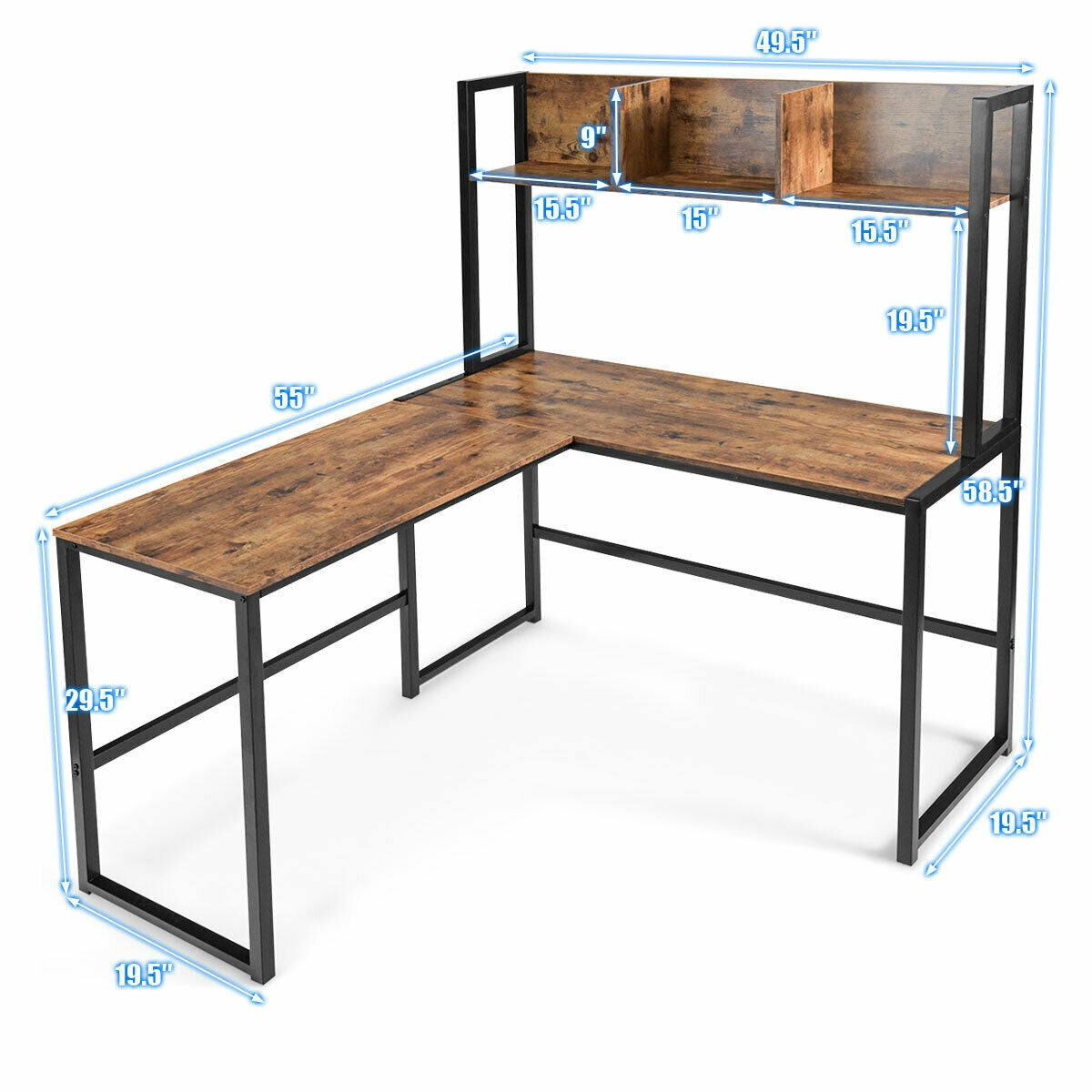 Industrial L-Shaped Desk Bookshelf 55 Inch Corner Computer Gaming Table-Brown