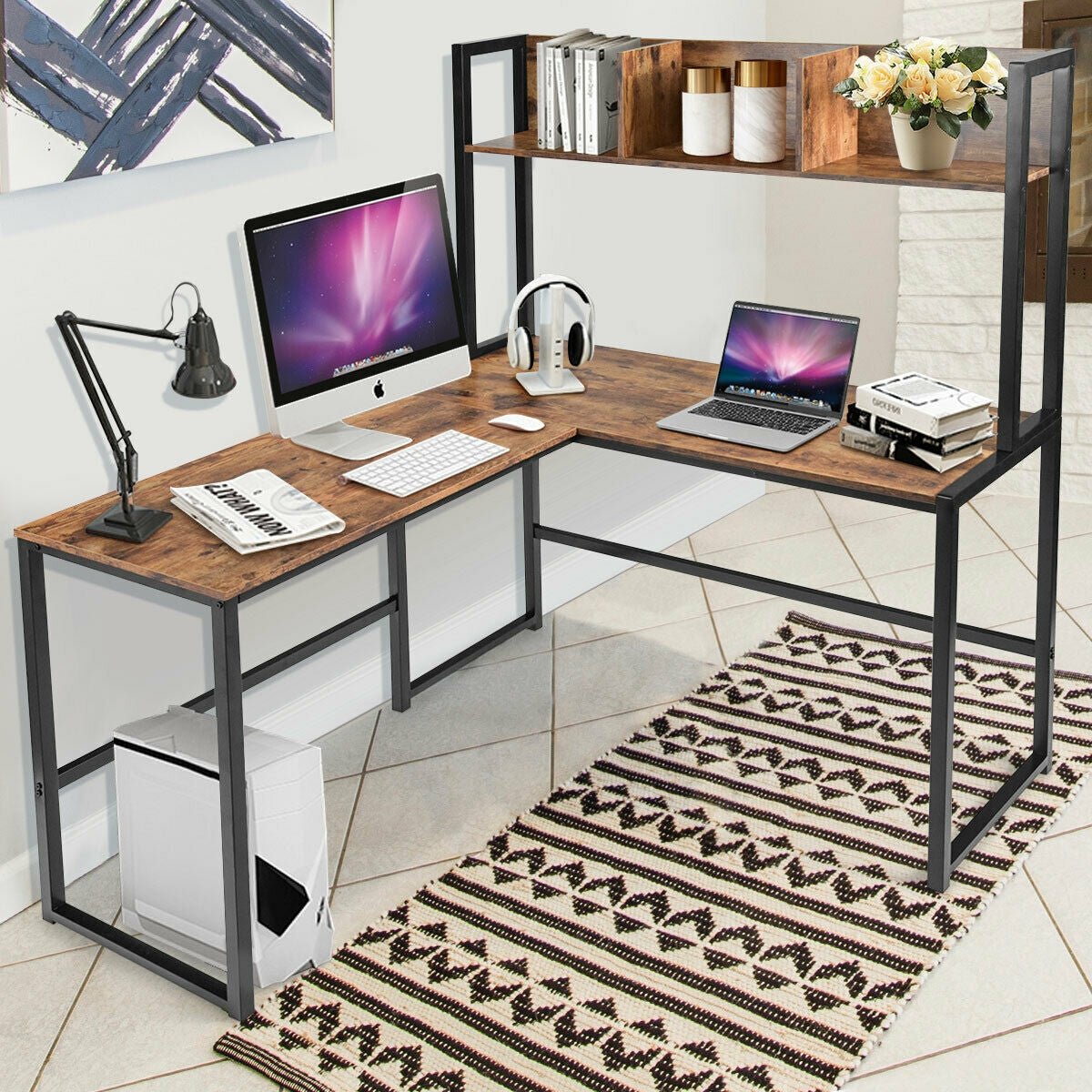 Industrial L-Shaped Desk Bookshelf 55 Inch Corner Computer Gaming Table-Brown