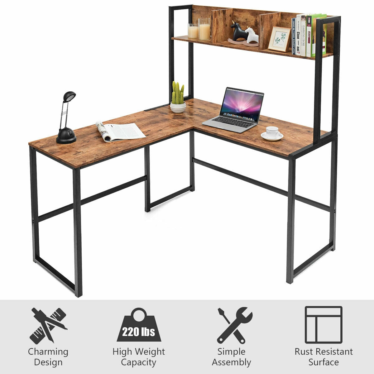 Industrial L-Shaped Desk Bookshelf 55 Inch Corner Computer Gaming Table-Brown