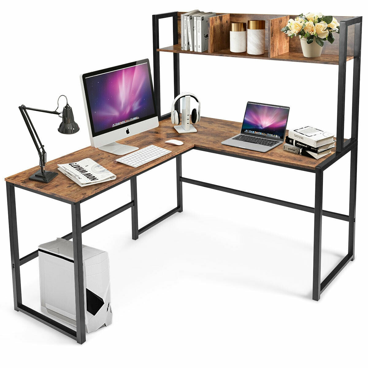 Industrial L-Shaped Desk Bookshelf 55 Inch Corner Computer Gaming Table-Brown