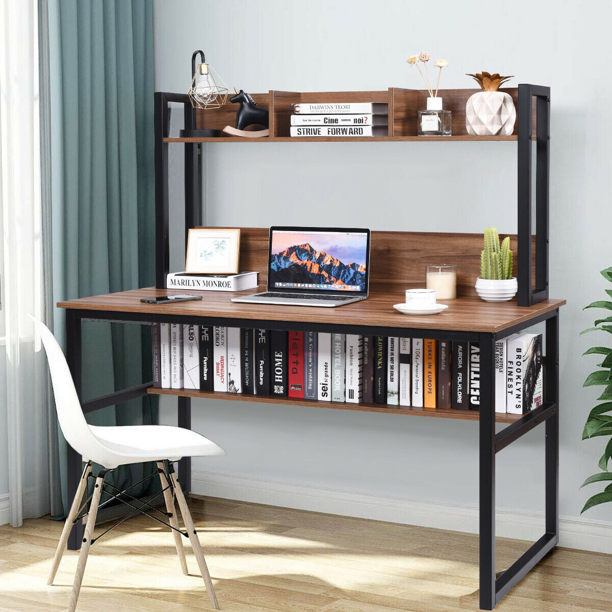 Storage Writing Desk Computer Desk with Hutch & Bookshelf-Walnut