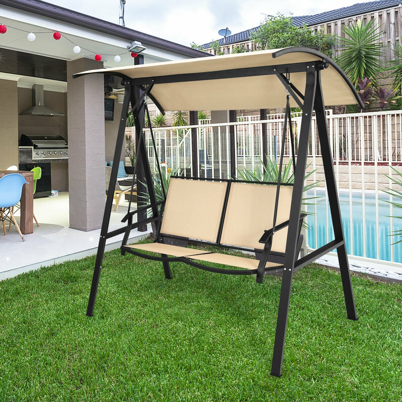2 Person Patio Swing with Weather Resistant Glider and Adjustable Canopy-BeigeÂ 