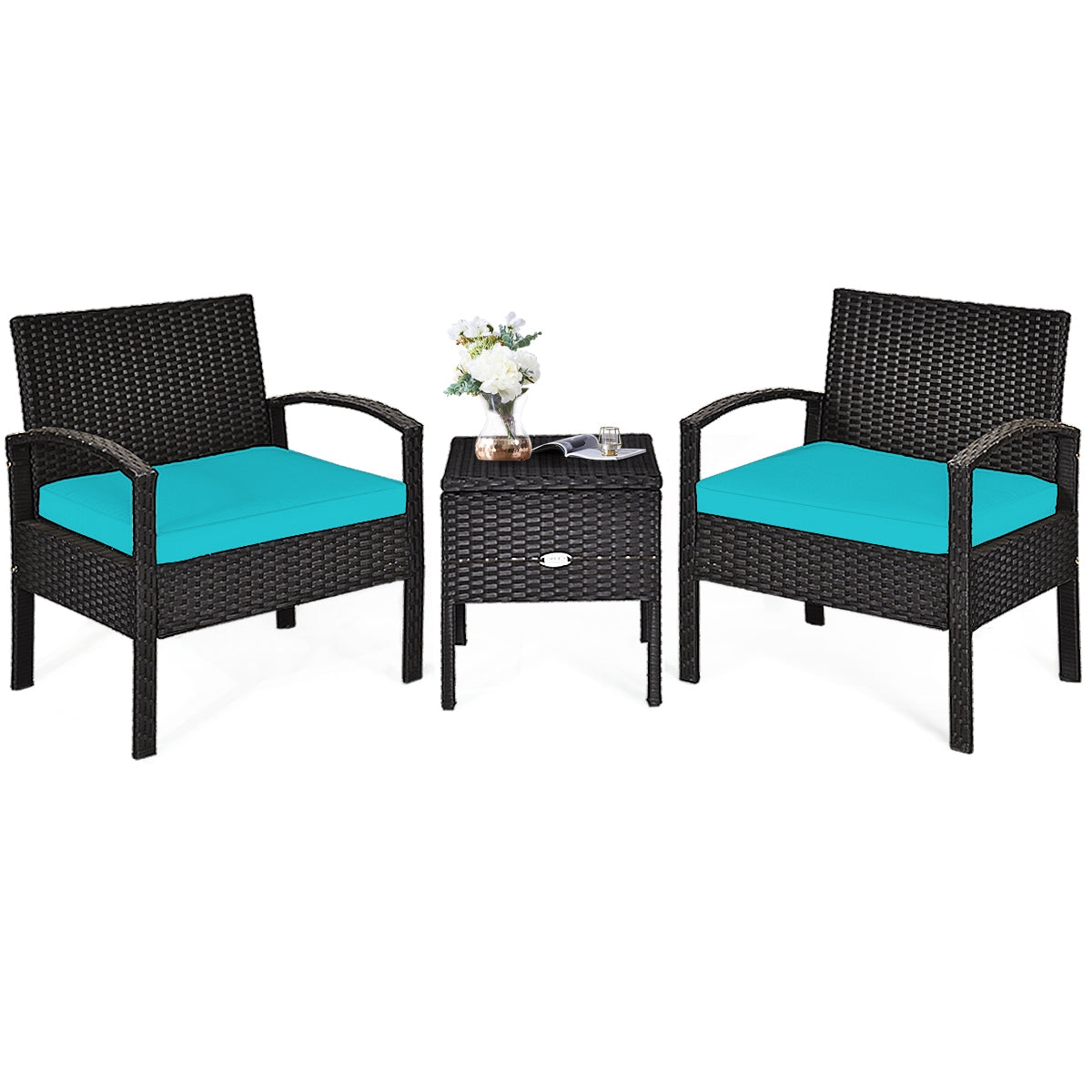 3 Piece PE Rattan Wicker Sofa Set with Washable and Removable Cushion for Patio-Turquoise