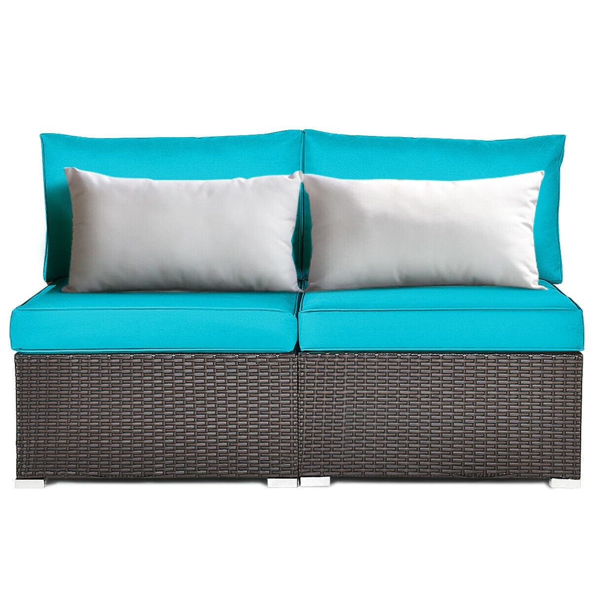 2 Pieces Patio Rattan Armless Sofa Set with 2 Cushions and 2 Pillows-Blue