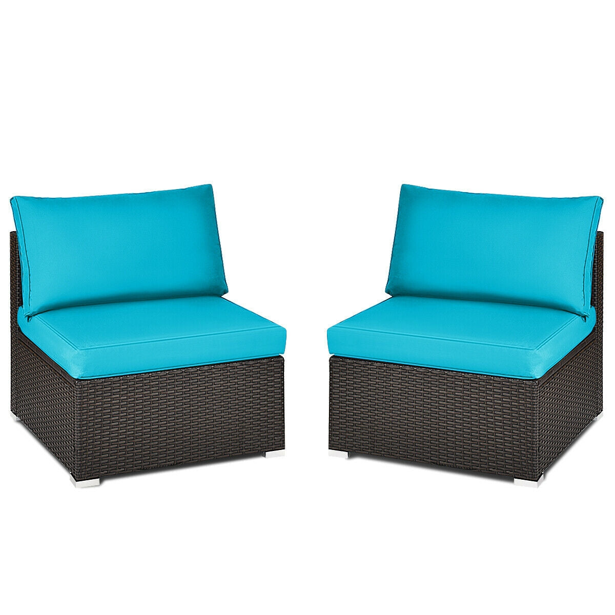 2 Pieces Patio Rattan Armless Sofa Set with 2 Cushions and 2 Pillows-Blue