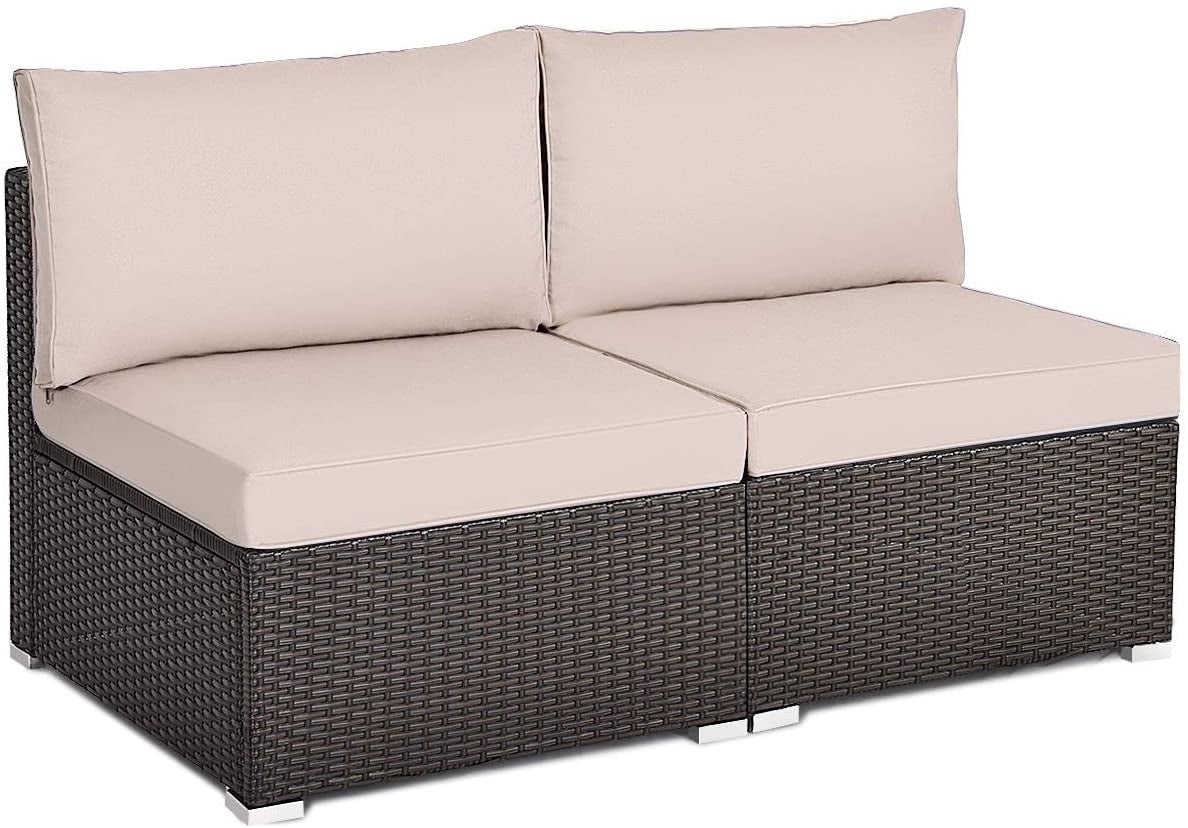 2 Pieces Patio Rattan Armless Sofa Set with 2 Cushions and 2 Pillows-Brown