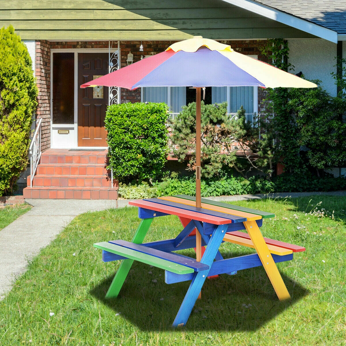 4 Seat Kids Picnic Table with Umbrella-Multicolor