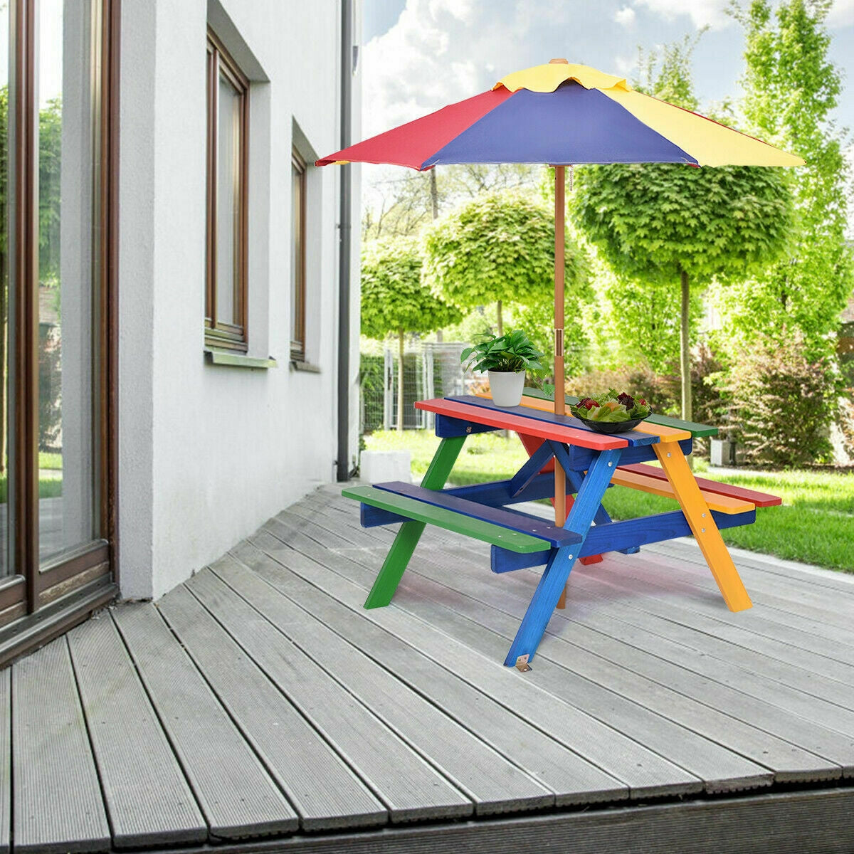 4 Seat Kids Picnic Table with Umbrella-Multicolor