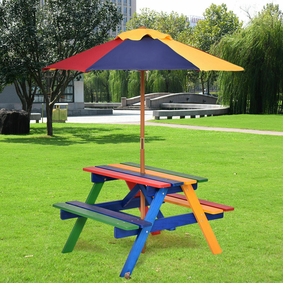 4 Seat Kids Picnic Table with Umbrella-Multicolor