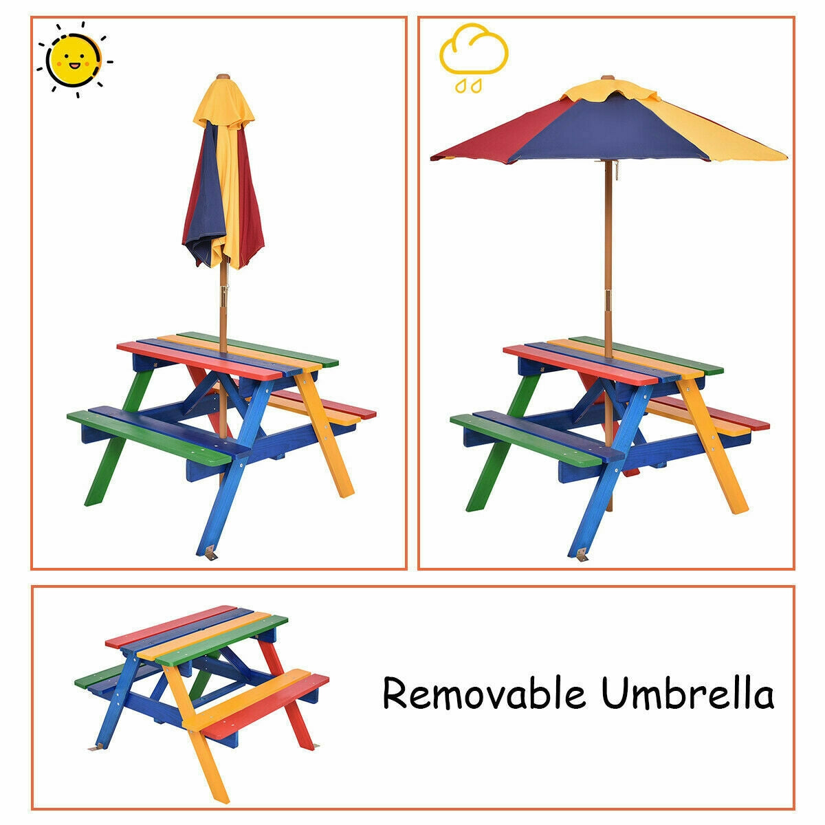 4 Seat Kids Picnic Table with Umbrella-Multicolor