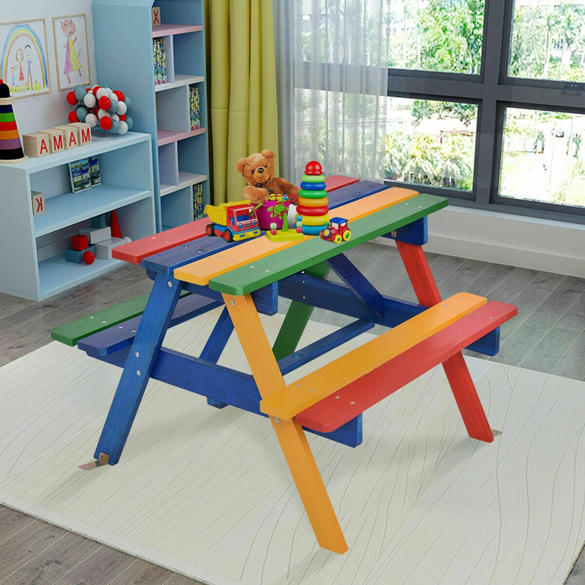 4 Seat Kids Picnic Table with Umbrella-Multicolor