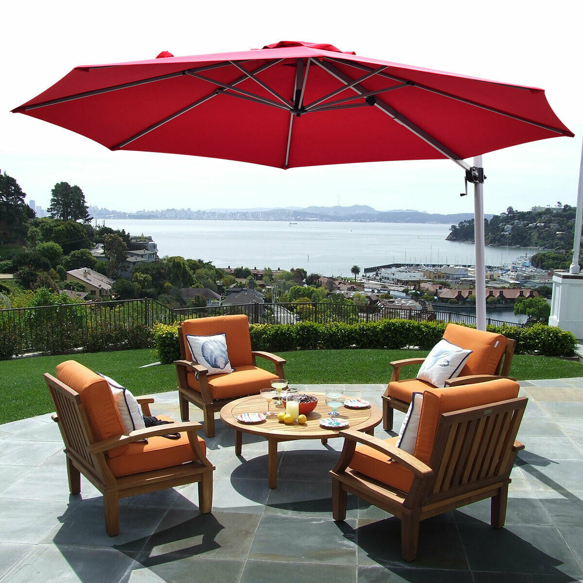 11 Feet Patio Offset Cantilever Umbrella 360Â° Rotation Aluminum Tilt-RedÂ 