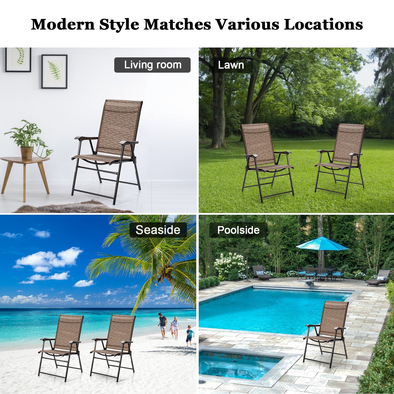 2 Pieces Outdoor Patio Folding Chair with Armrest for Camping Garden