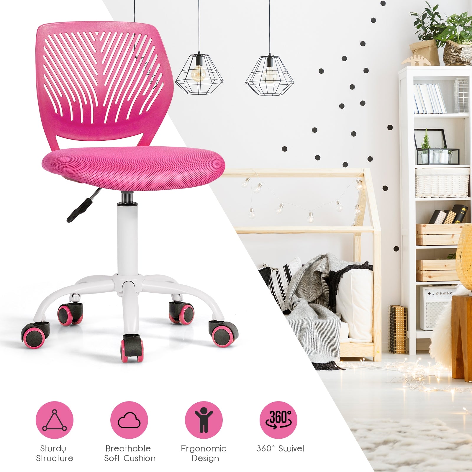 Kids Desk Chair with Adjustable Height and Lumbar Support-Pink