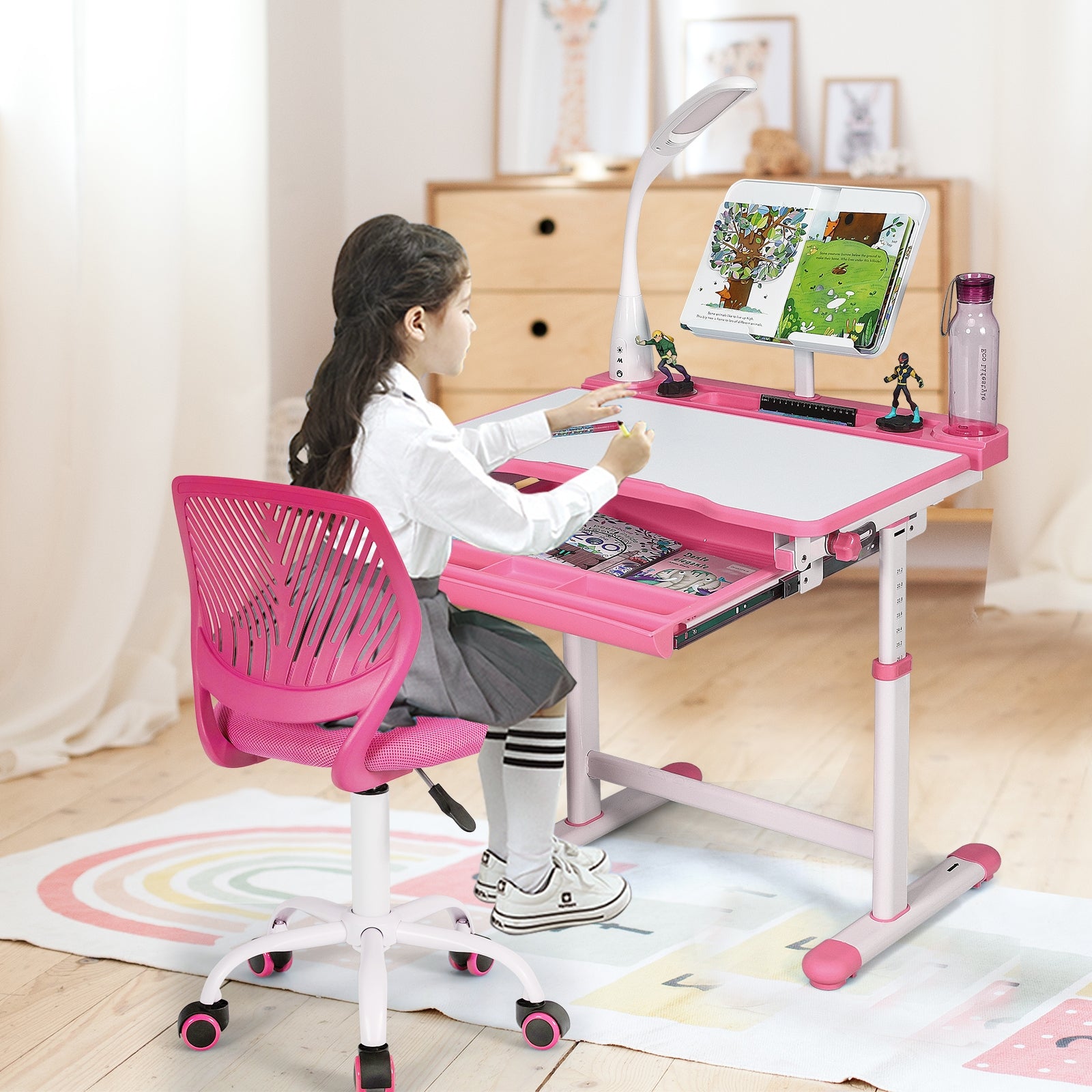 Kids Desk Chair with Adjustable Height and Lumbar Support-Pink