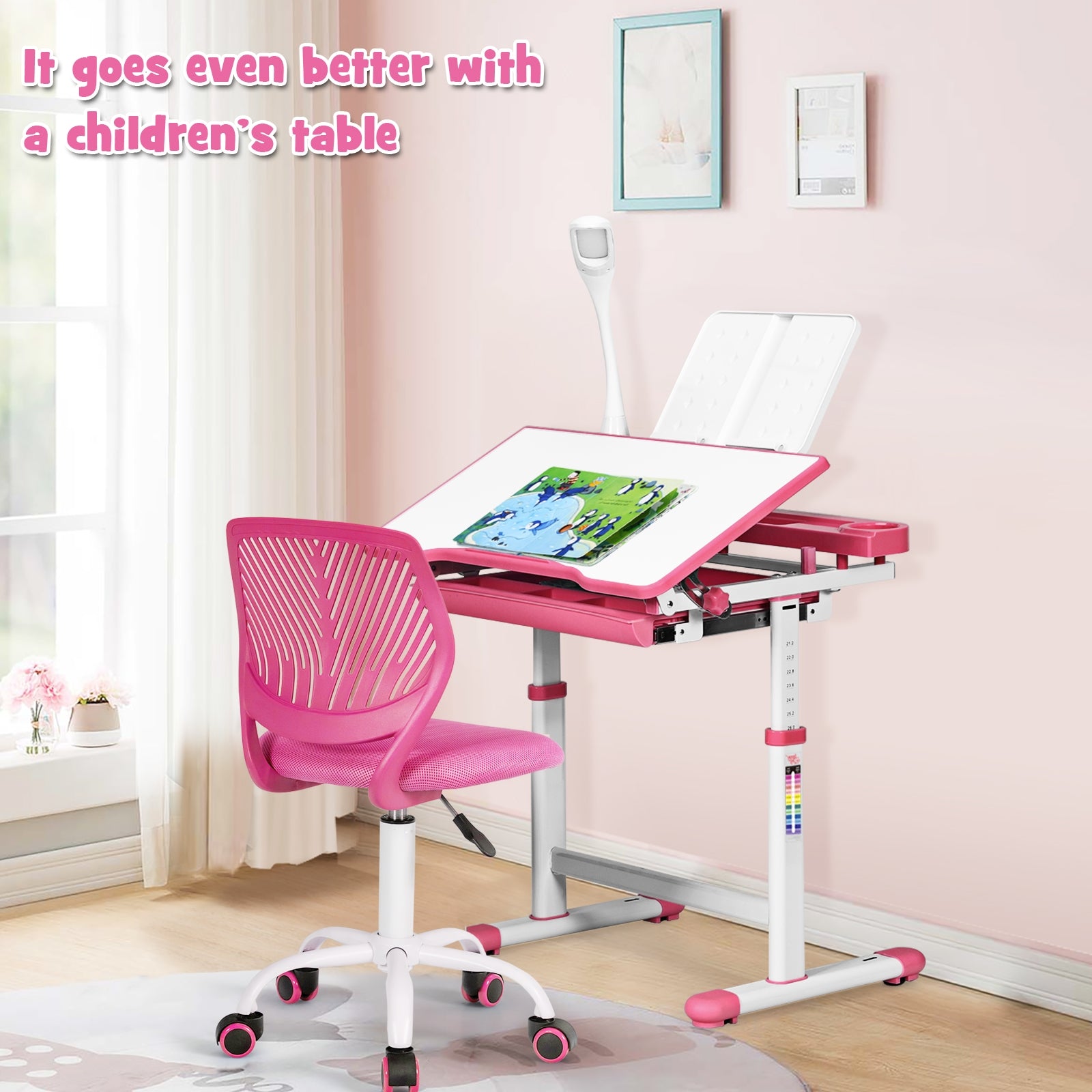 Kids Desk Chair with Adjustable Height and Lumbar Support-Pink