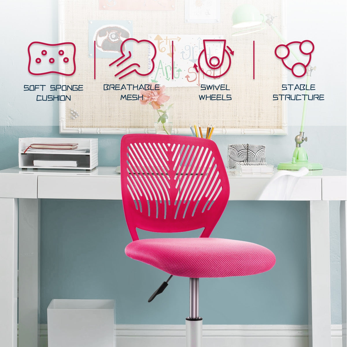 Kids Desk Chair with Adjustable Height and Lumbar Support-Pink