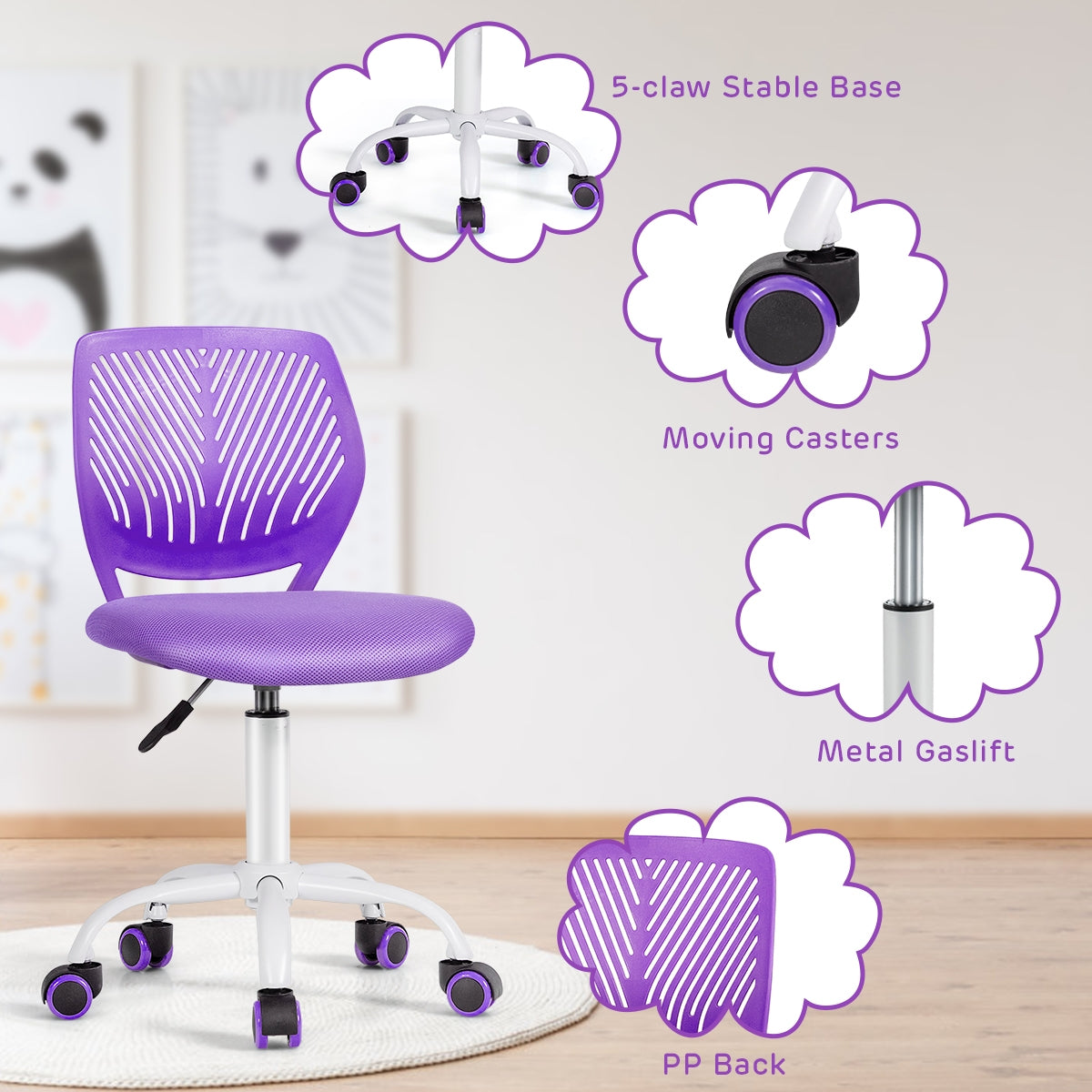 Kids Desk Chair with Adjustable Height and Lumbar Support-Purple