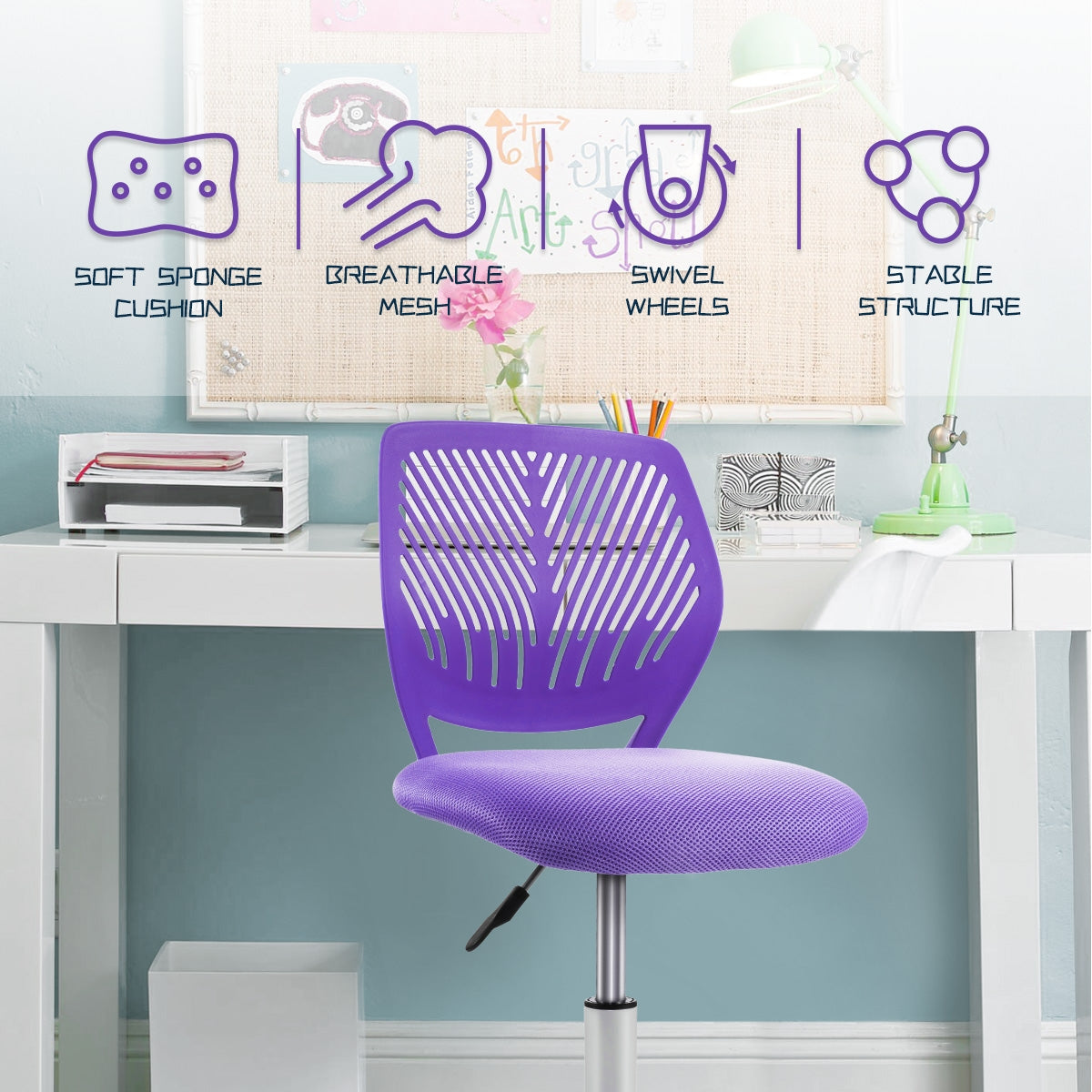 Kids Desk Chair with Adjustable Height and Lumbar Support-Purple