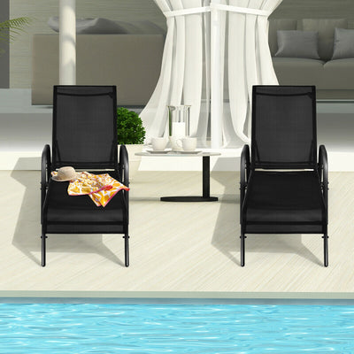 2 Pieces Outdoor Patio Lounge Chair Chaise Fabric with Adjustable Reclining Armrest-BlackÂ 