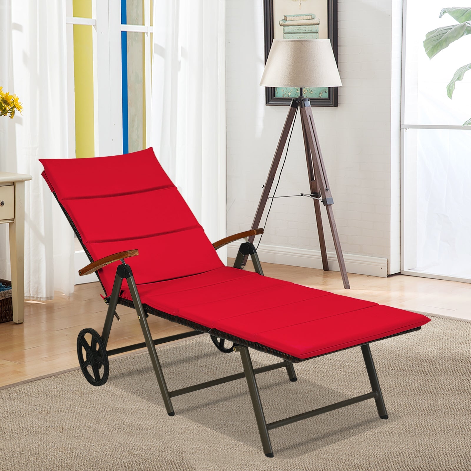 Outdoor Chaise Lounge Chair Rattan Lounger Recliner Chair-Red