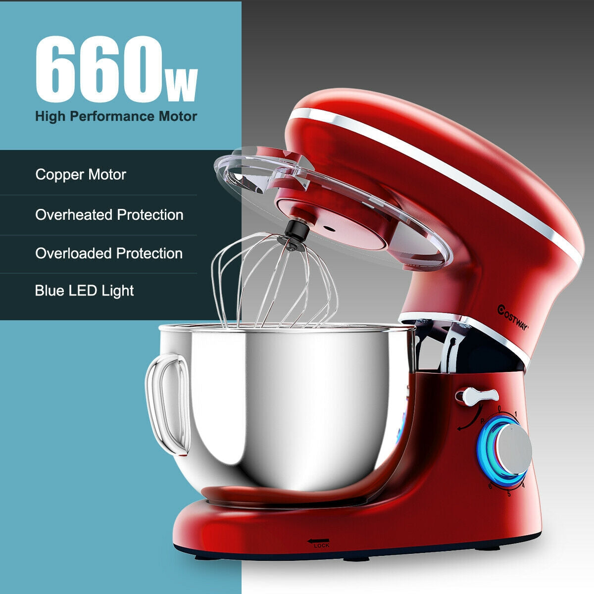 6.3 Quart Tilt-Head Food Stand Mixer 6 Speed 660W-Red