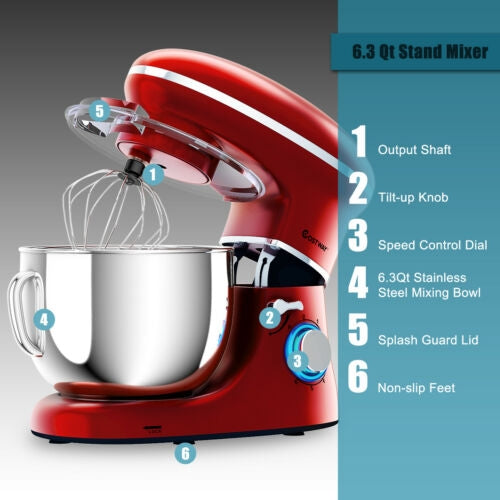 6.3 Quart Tilt-Head Food Stand Mixer 6 Speed 660W-Red