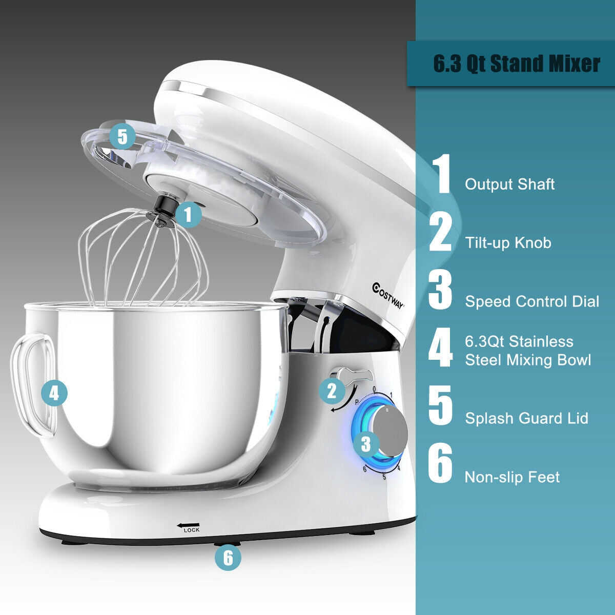 6.3 Quart Tilt-Head Food Stand Mixer 6 Speed 660W-White