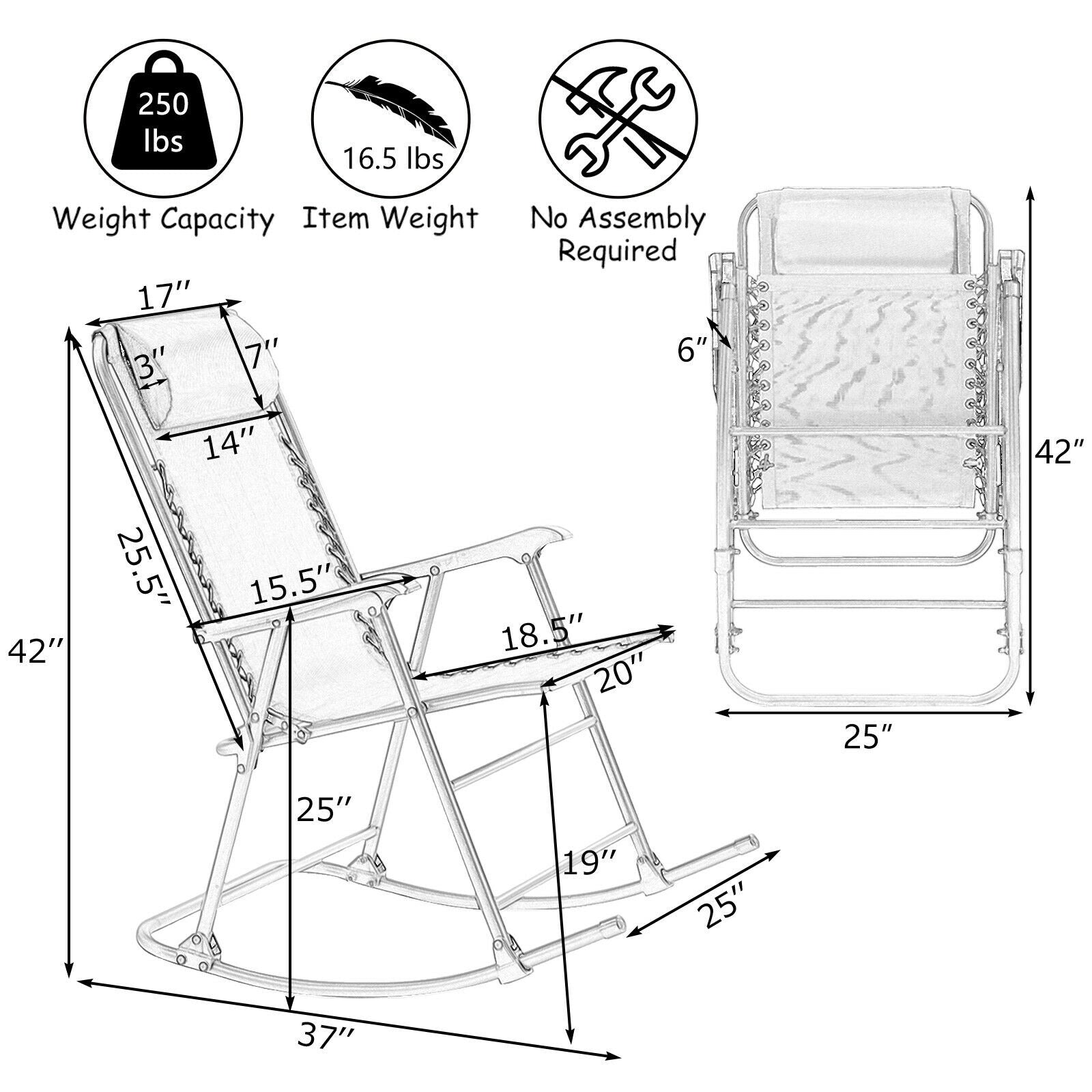 Outdoor Patio Headrest Folding Zero Gravity Rocking Chair-Turquoise